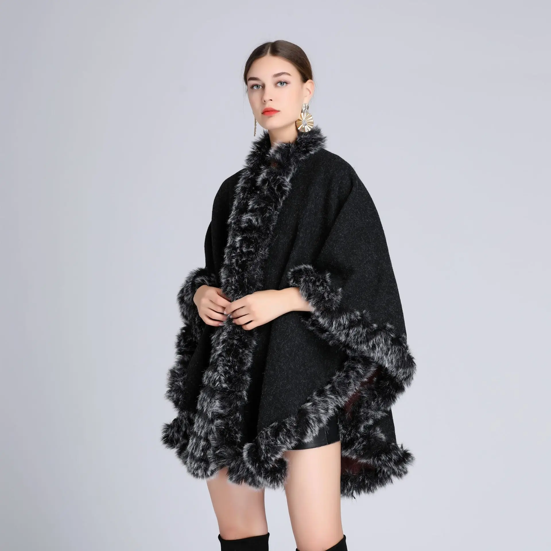 

New Arrival long Soft Shawl Warm Chic Curve Faux Fur Wrap Stole for Women Party Outerwear Cape Rouge Girl Capas y ponchos