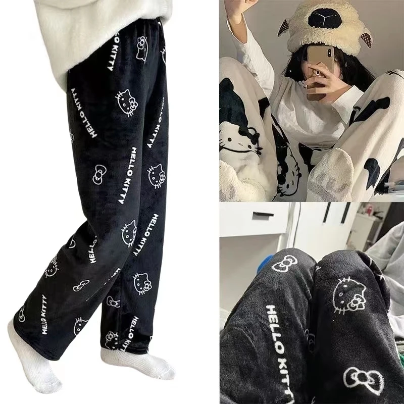 

Sanrio HelloKitty Y2k Pajamas Pants Flannel Black Women Warm Woolen Cartoon Casual Home Pants Kawaii Autumn Winter Trousers