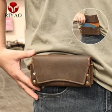 RIYAO Genuine Leather Waist Pack Vintage Dual Layer Phone Bag Pouch fanny pack For Men's Phone Holster Belt Bag Wallet Case Man