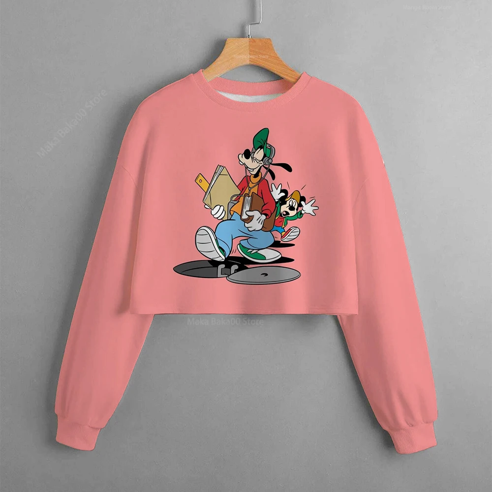 Купи 2022 Spring and Autumn Super Short Round Neck Pullover Girls Top Sweater Disney Goofy Cartoon Print Short Long Sleeves за 300 рублей в магазине AliExpress