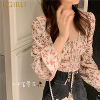 e girls blouses women square collar floral elegant sweet slim sexy summer trendy female holiday soft ins chic romantic crop top