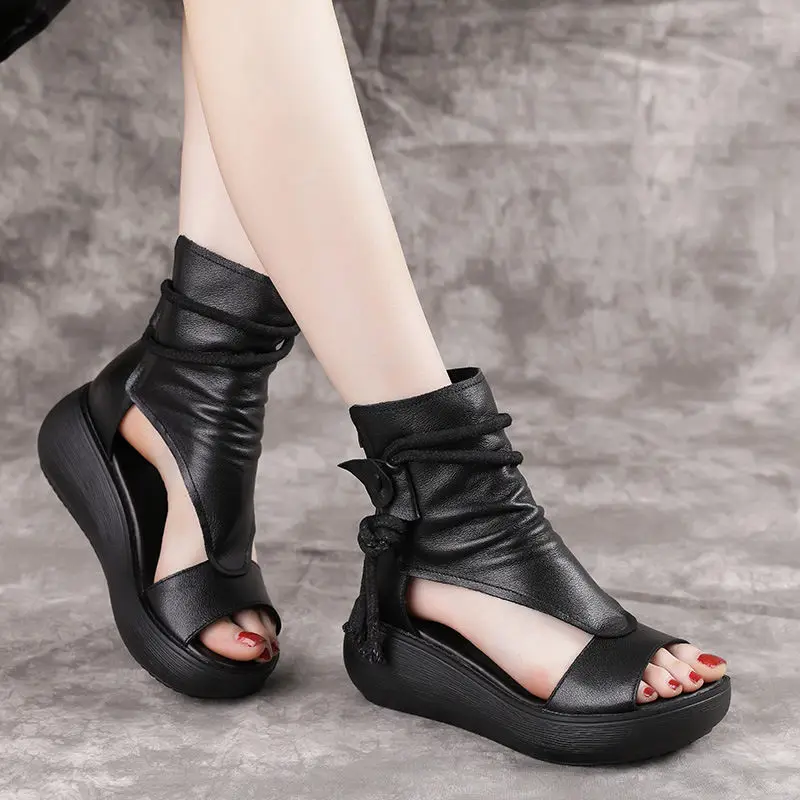 miaoguan Women Summer Sandals Mid Heels Wedges Shoes Ladies Vintage PU Leather Plus Size Sandalias Mujer Sapato Feminino 2021