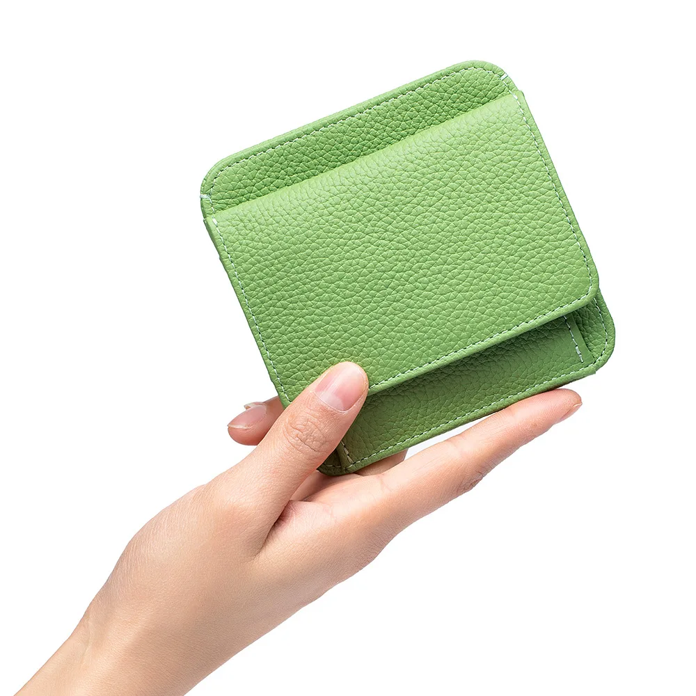 

2022 Spring New Design Real Cowhide First Layer Cow Leather Japanese Style Card Bag Lady Square Flap Hasp Coin Pocket Purse
