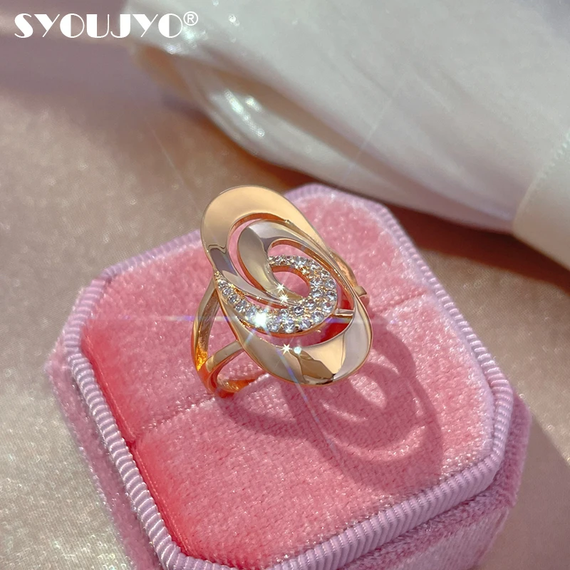 SYOUJYO Luxury Openwork Spiral Pattern Ring For Women 585 Rose Gold Natural Zircon Micro Wax Inlay Party Wedding Fashion Jewelry