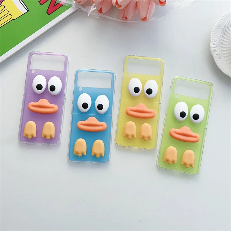 

3D Simple Cartoon Cute Duck Phone Case for Samsung Galaxy Z Flip 3 Z Flip 4 Hard PC Back Cover for ZFlip3 ZFlip4 Case Shell