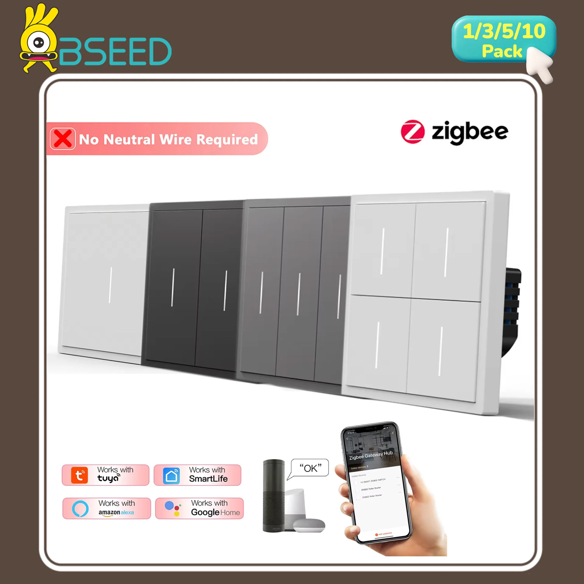Фото Умные настенные выключатели BSEED Zigbee с большими кнопками, механические, с поддержкой TUYA APP, 1/2/3/4-клавишные, с одним фазовым проводом №1