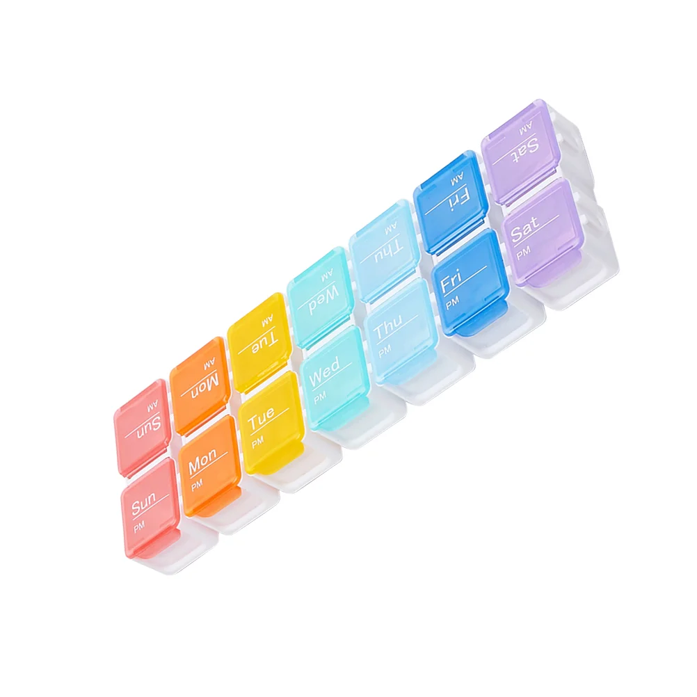 

Box 14 Case Medicine Day Weekly Container Daily Dispenser Travel Storage Carry Tablet 7 Organizer Purse 2 Days Rows Rainbow
