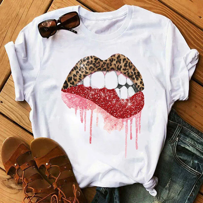 

Leopard Red Lips Printed T Shirt Women T Shirt Female Summer Casual Cute Graphic Tee Shirts Harajuku Women Short Sleeve T-shirts