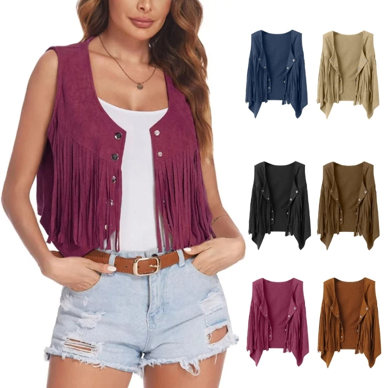 

Women's Fringe Button Down Vest Hippie Sleeveless Tassels Cardigan Jackets