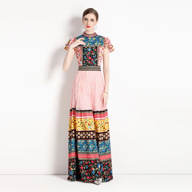 

Summer Women's Dress 2023 New Vintage Print Lace Stitching Flysleeve Long Dress Free Shipping