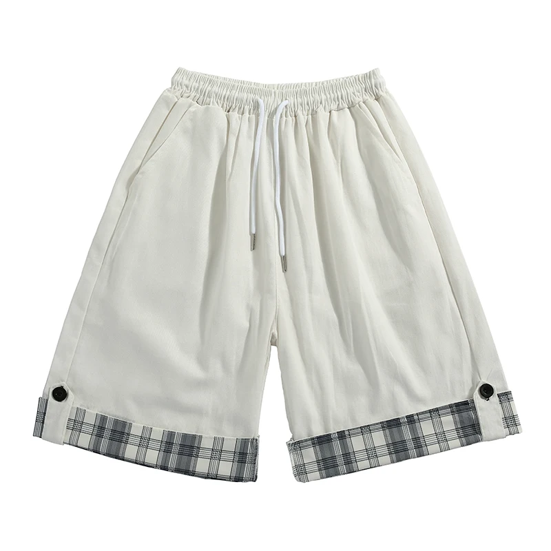 

Новинка 2022, летние хлопковые брюки, шорты в клетку на пуговицах, Свободные Комбинезоны, пятиконечные брюки, мужские эластичные повседневные спортивные брюки на шнуровке