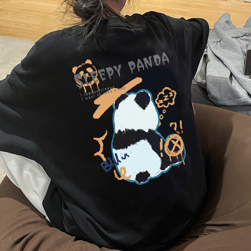 

2023 Sleep Panda Graphic Women's Short Sleeve Tee Summer New Trendy Oversized Painting Design Sense Large Size Slimming T-shirt