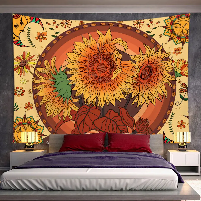 

Psychedelic Mandala Tapestry Sun Moon Bohemia Sunflower Wall Hanging Bedroom Dormitory Room Aesthetics Home Decoration