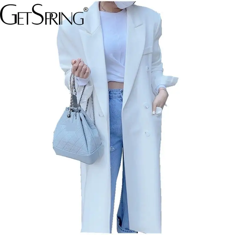 

GetSpring Women Blazer 2022 Spring Autumn Loose Casual X-Long White Suit Coat Temperament Double Breasted Full Sleeve Overcoat