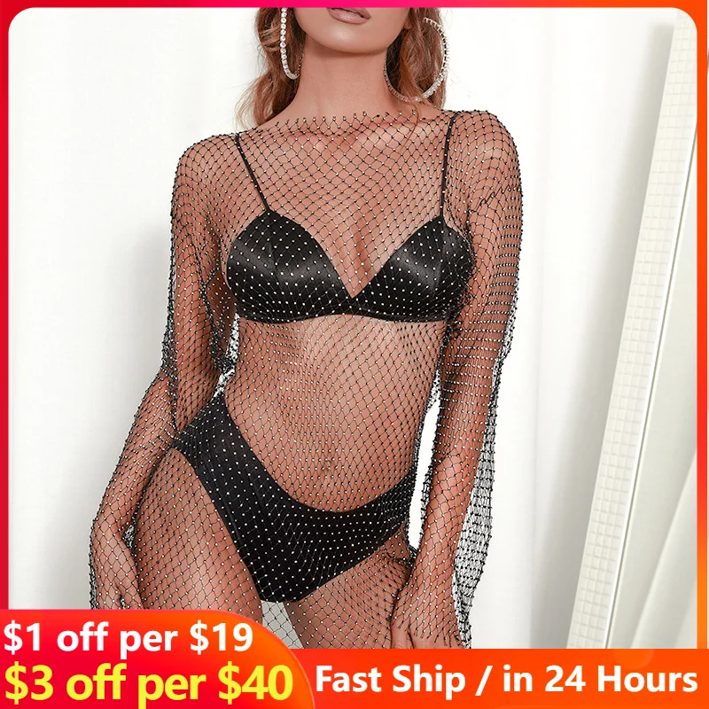 

Women's Sexy Rhinestone Fishnet Mini Dress Mesh Blouse Skirt Summer Dress vestido Bodycon Dress Bar Party Beach Swimming Pool