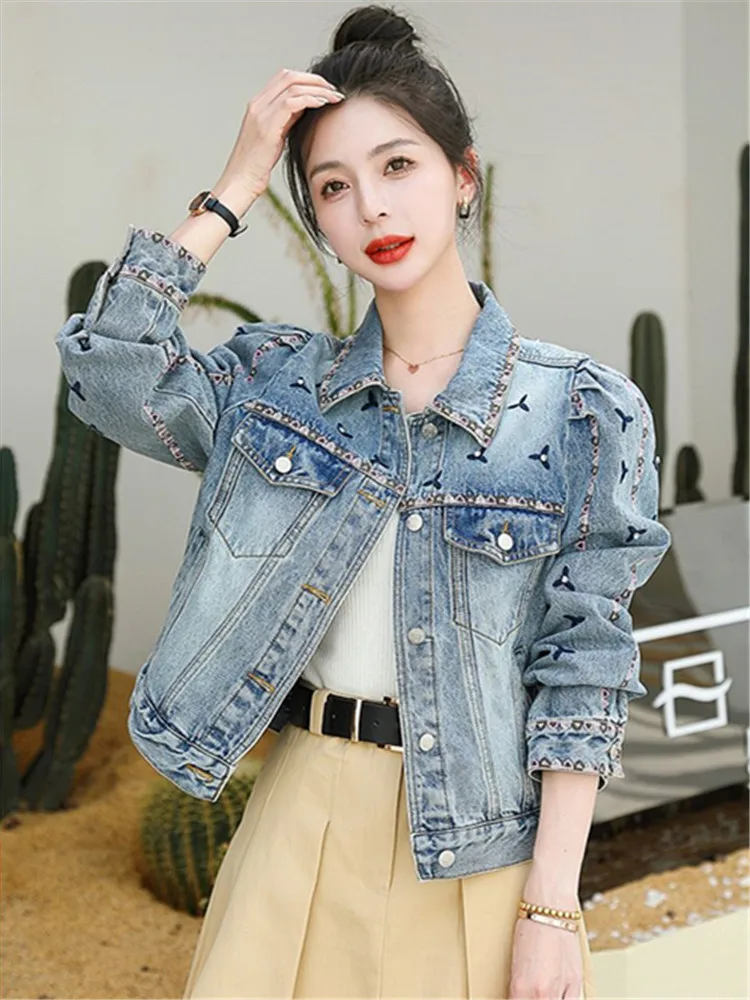 Autumn Leisure Flower Embroidered Denim Jacket Women 2023 Fashion Bubble Sleeves Sweet Jean Coat Ladies Chic Design Outerwear