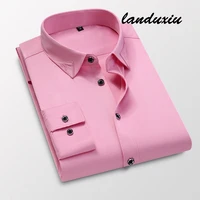 mens regular fit long sleeve solid linen shirt single patch pocket square collar inner polka dot casual button up thin landuxiu
