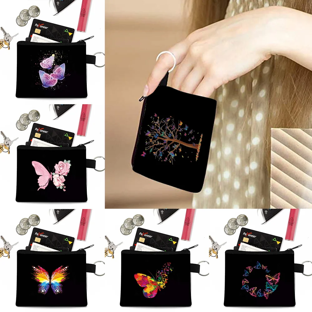 

Unisex Canvas Coin Purse Coin Bag Women Money Card Holder Wallet Zipper Tote Bag Key Storage Pouch Girl Butterfly Print Handbags