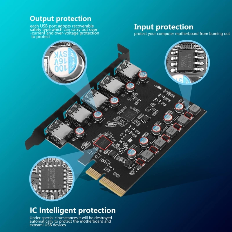 

PCIe to USB 3.2 Expansion Card 20Gb ASM3142 5-Port USB3.2 Converter PCI-E X4 Splitter Hub for Windows7/8/10 Linux MacOS