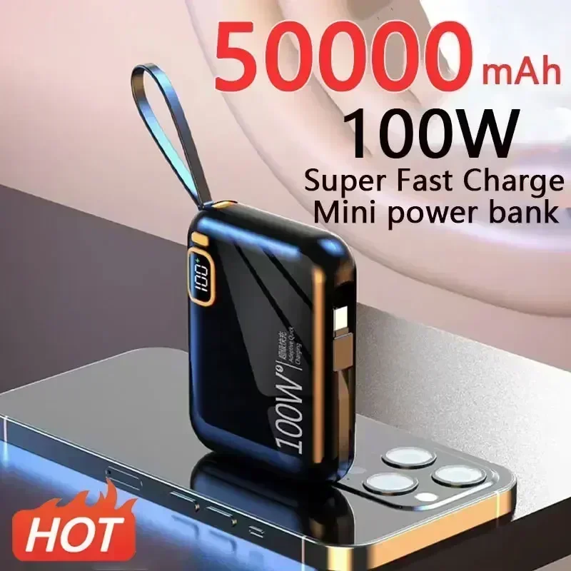 Фото Портативный внешний аккумулятор 50000 мАч PD100W, съемный кабель USB-TYPE C, двустороннее быстрое зарядное устройство, мини-Powerbank для iPhone, Xiaomi, Samsung №1
