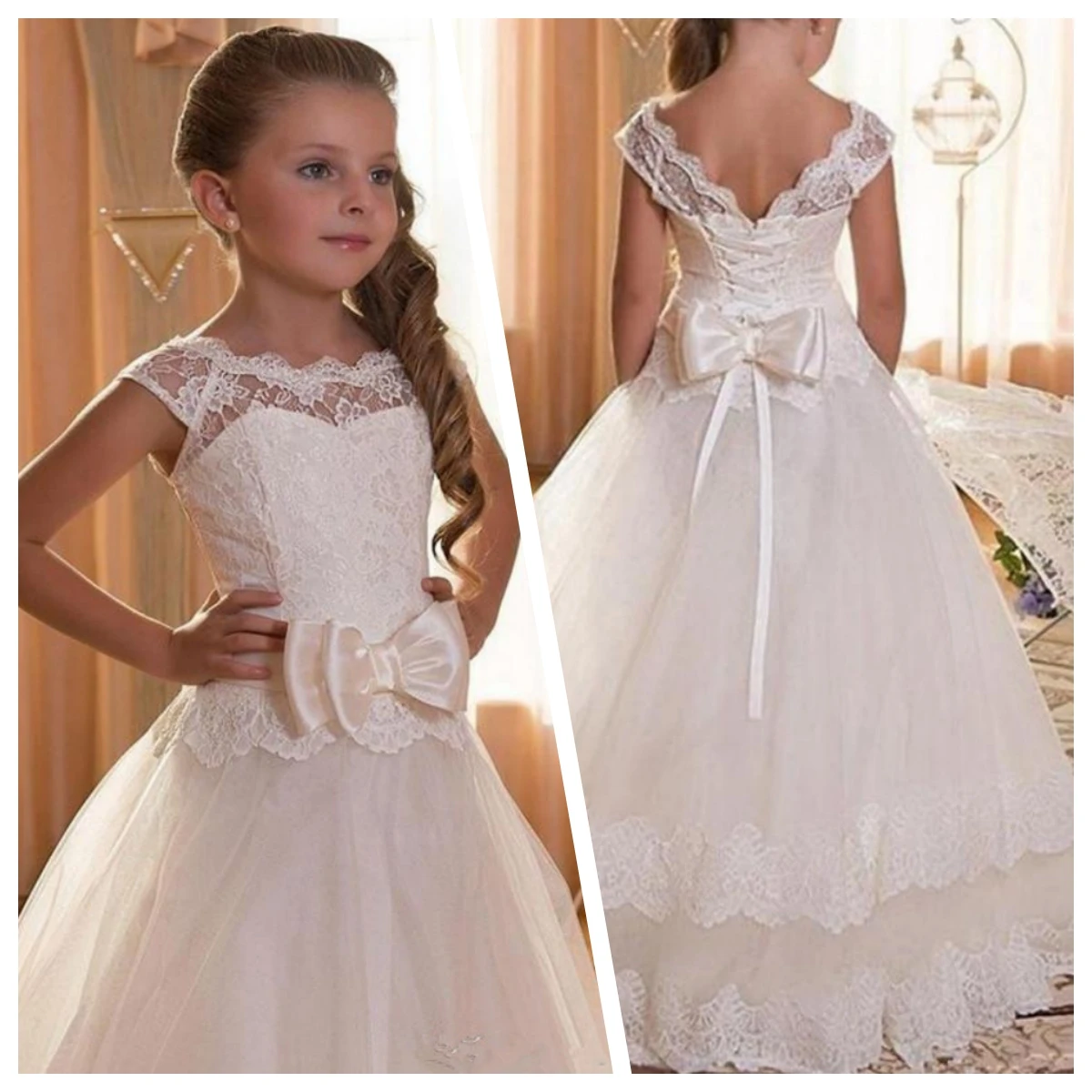 

First Communion Dresses For Girls Butterfly End Waist Scoop Backless Appliques Flower Dress Bows Tulle Ball Gown Pageant Dresses