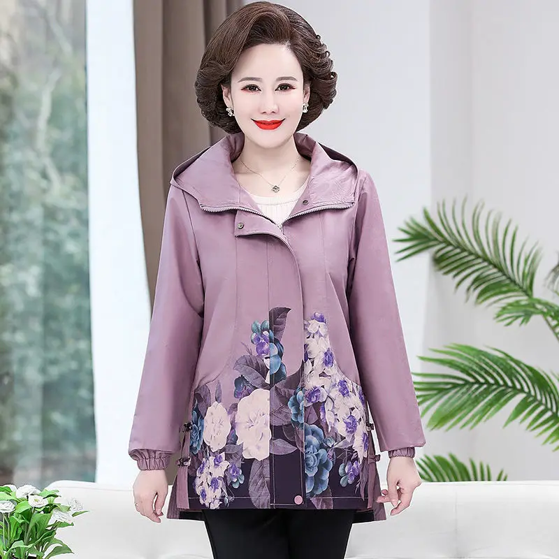 

Mother print hooded trench coat spring autumn fashion slim mid-length outwear elegant temperament women's casual windbreaker