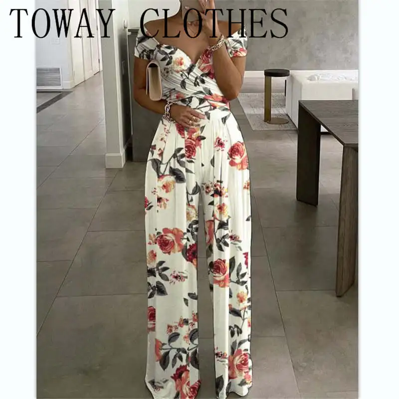 

Elegant Summer Rompers Women V Neck Wide Leg Jumpsuits Short Sleeve Floral Print Party Overalls Loose OL Work Playsuits