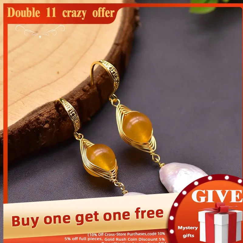 

GLSEEVO Natural Fresh Water Baroque Pearls Dangle Hook Earring For Women Birthday Gift Yellow Jade Fashion Jewelry GE0923B