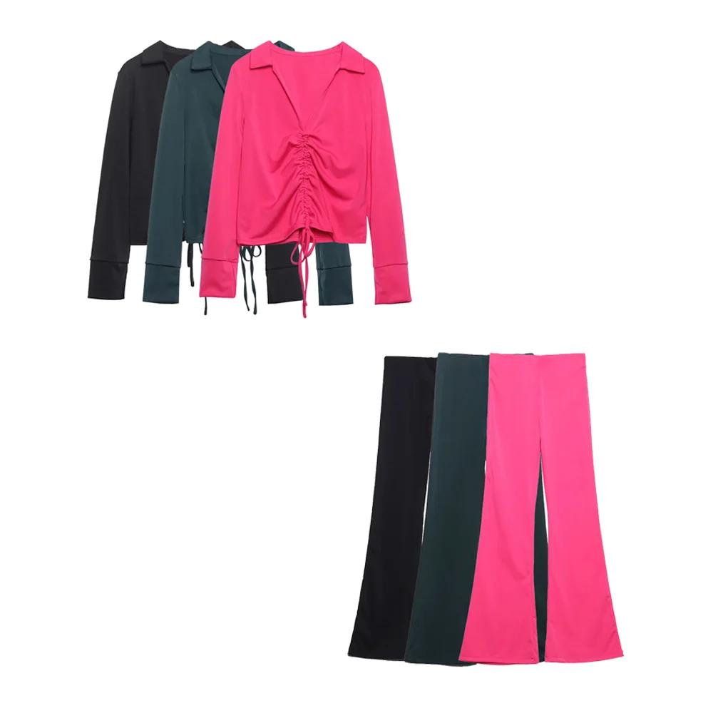 

TRAF Women Fashion With Drawstring Ties Gathered Shirts Vintage Lapel Collar Long Sleeve Female Blouses Blusas Chic Tops