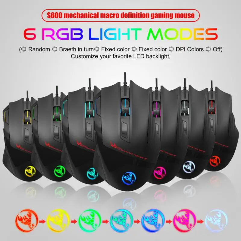 

Gamer Mouse Rgb Luminous Portable Ergonomic Mice S600 7200dpi Computer Mouse Usb Wired Gaming Mouse Macro Programming Universal