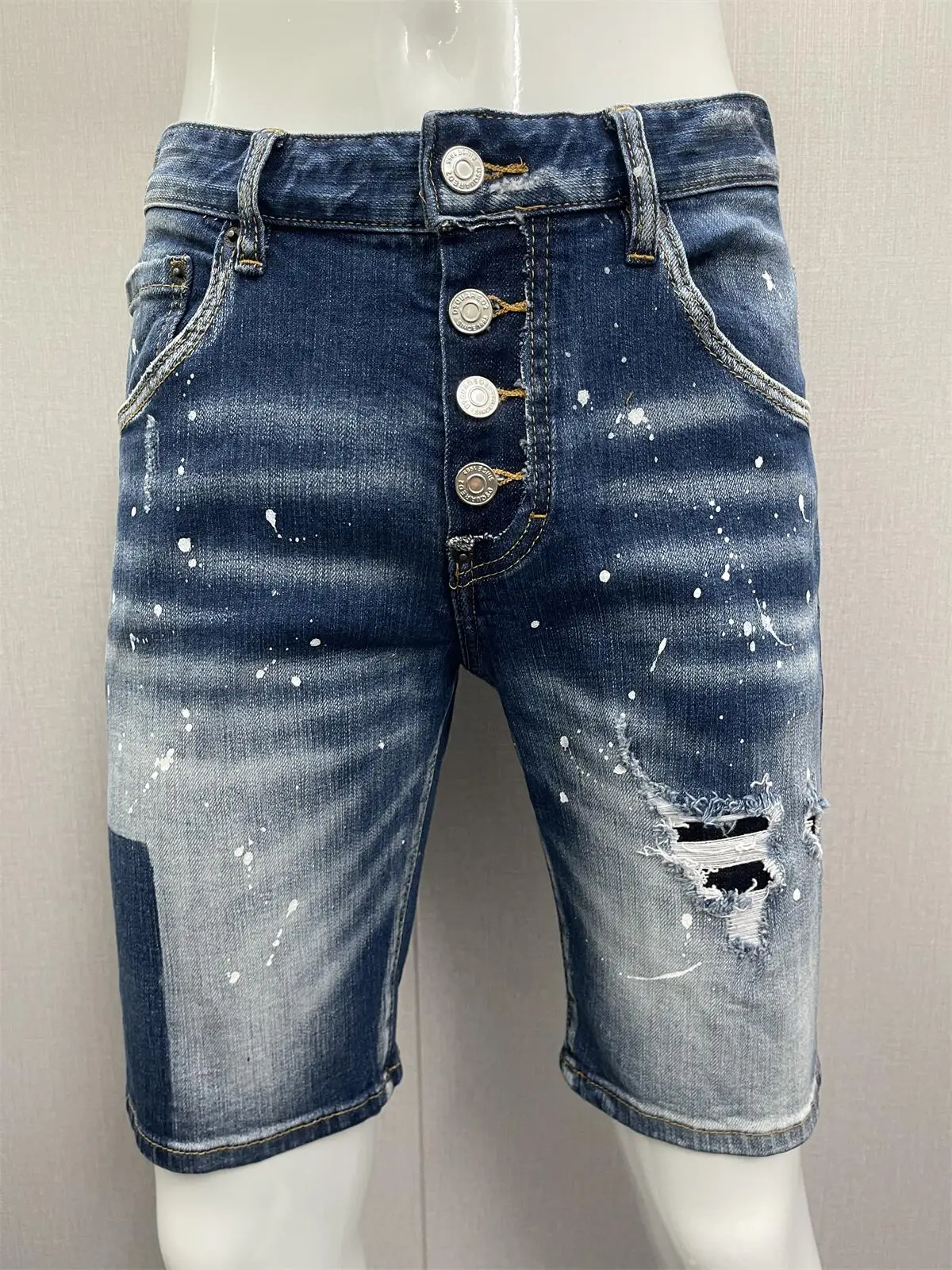 

2023 Spring/Summer New Jeans Fashion Men's Washed and Worn Hole Patch Paint Slim Fit Micro Elastic Denim Shorts Men