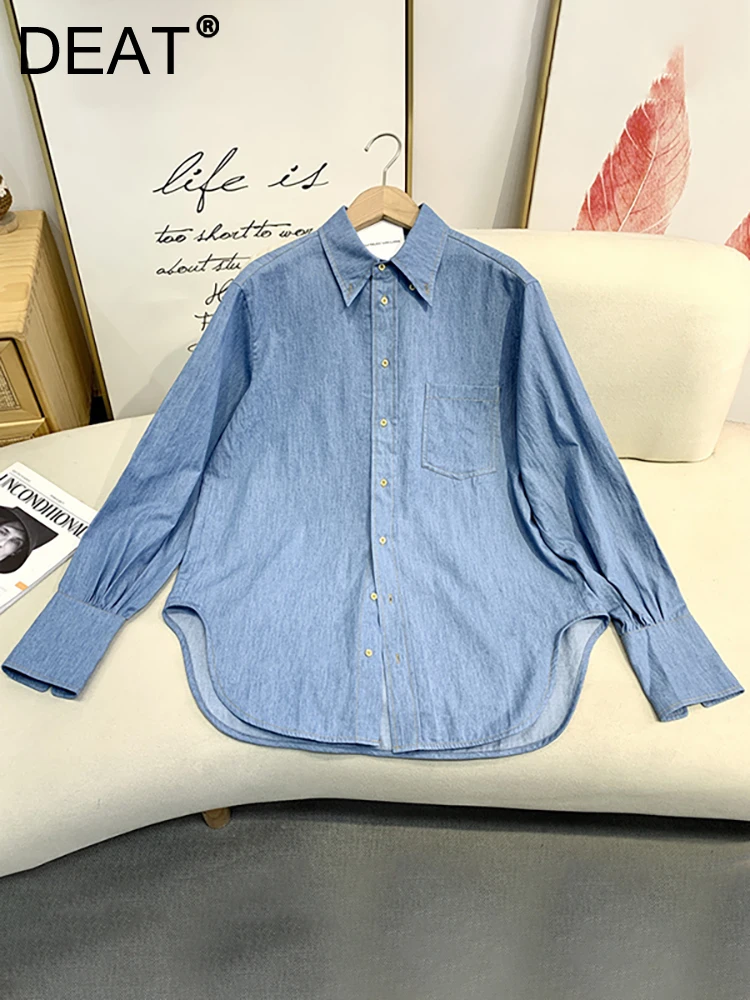 

DEAT Women's Denim Shirt Loose Long Sleeve Vintage Gold Button Single Pocket Thin Blue Blouse Autumn 2023 New Fashion 29L1441