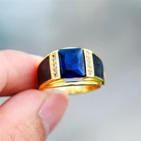 gold open ring for man retro design simple zircon blue gemstone adjustable rings luxury wedding engagement rings men party gift