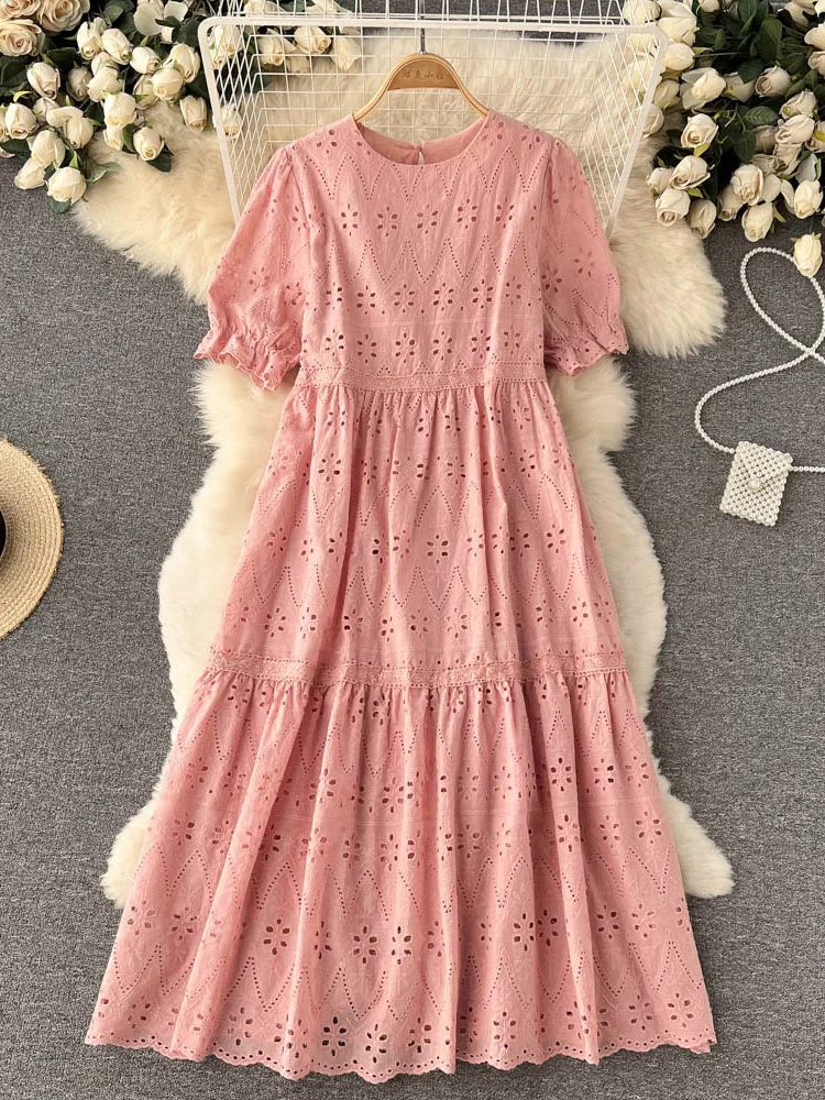 

Croysier Summer Dresses For Women 2022 Fashion Cutwork Embroidery Dress Round Neck Short Puff Sleeve Tiered Casual Midi Dress