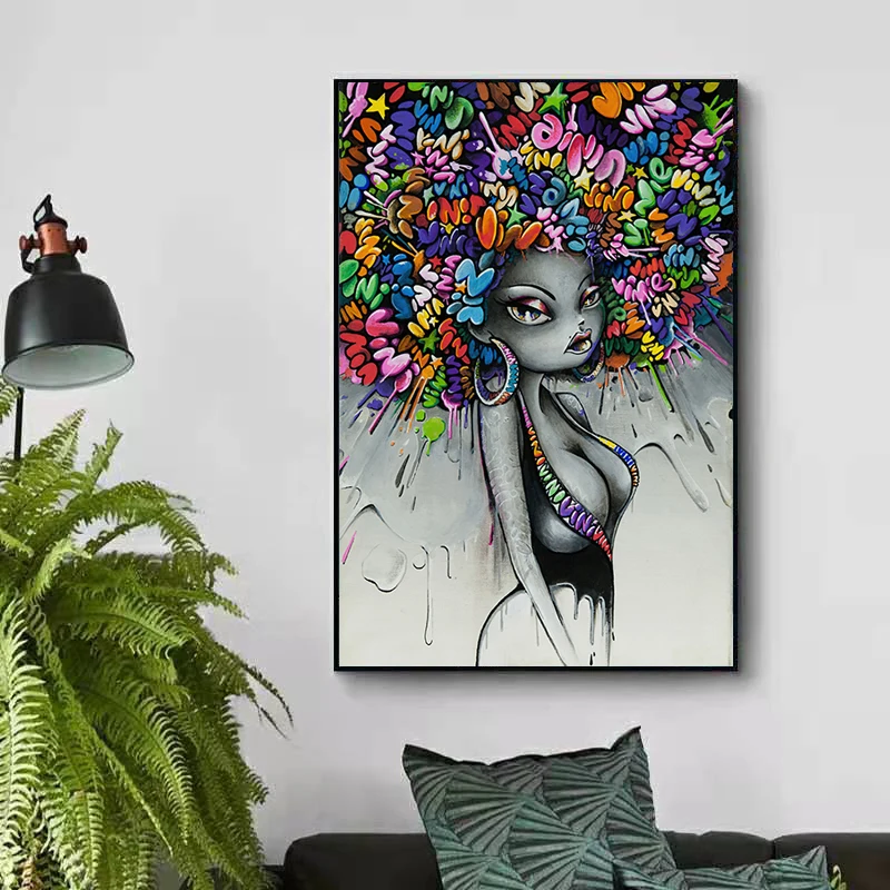 

Colorful Abstract Girl Canvas Painting Street Graffiti Art Posters and Prints Modern Pop Wall Art Picture For Living Room Decor
