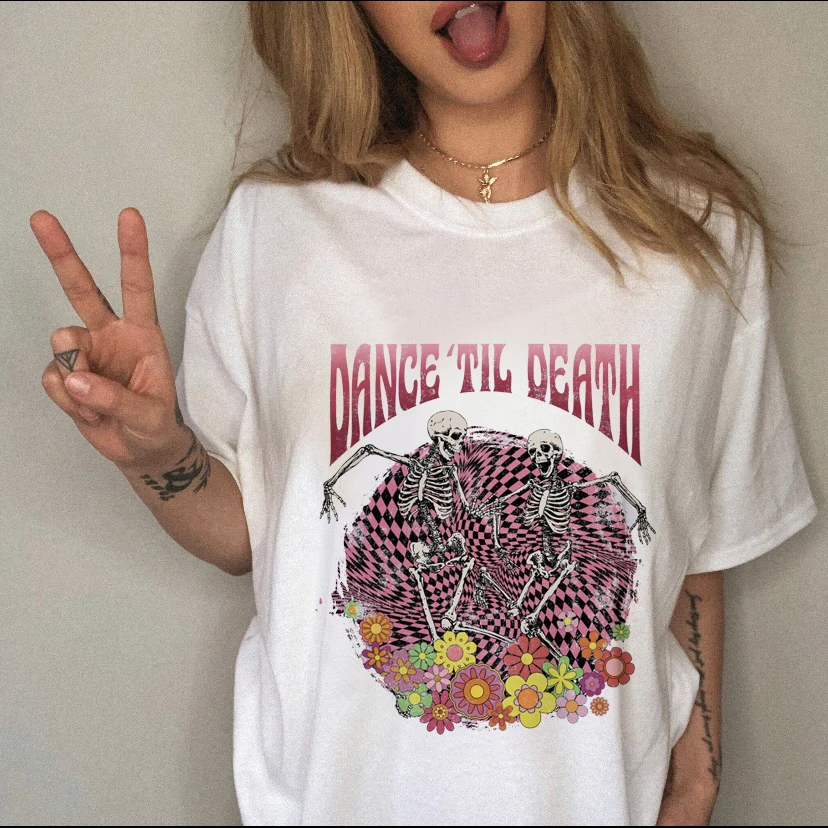 

Футболка женская летняя с коротким рукавом, милая Повседневная модная рубашка с принтом черепа, цветка, 90-х годов, топ с графическим рисунко...