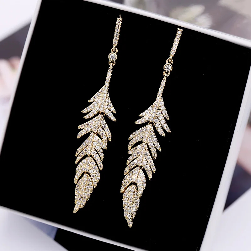 

UMQ Gold Cubic Zirconia Leaf Drop Earrings for Women Luxury Long Hanging 925 Silver Post Woman Wedding Jewelry Friend Gift Box