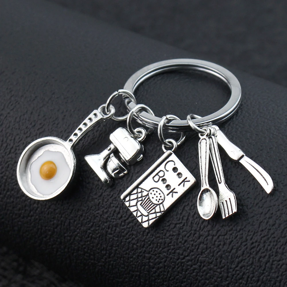 New Cooking Keychain Home Cooking KeyRing Fried Egg Pan Blender Cook Book Tableware Key Chain For Chef Gifts Jewelry Handmade