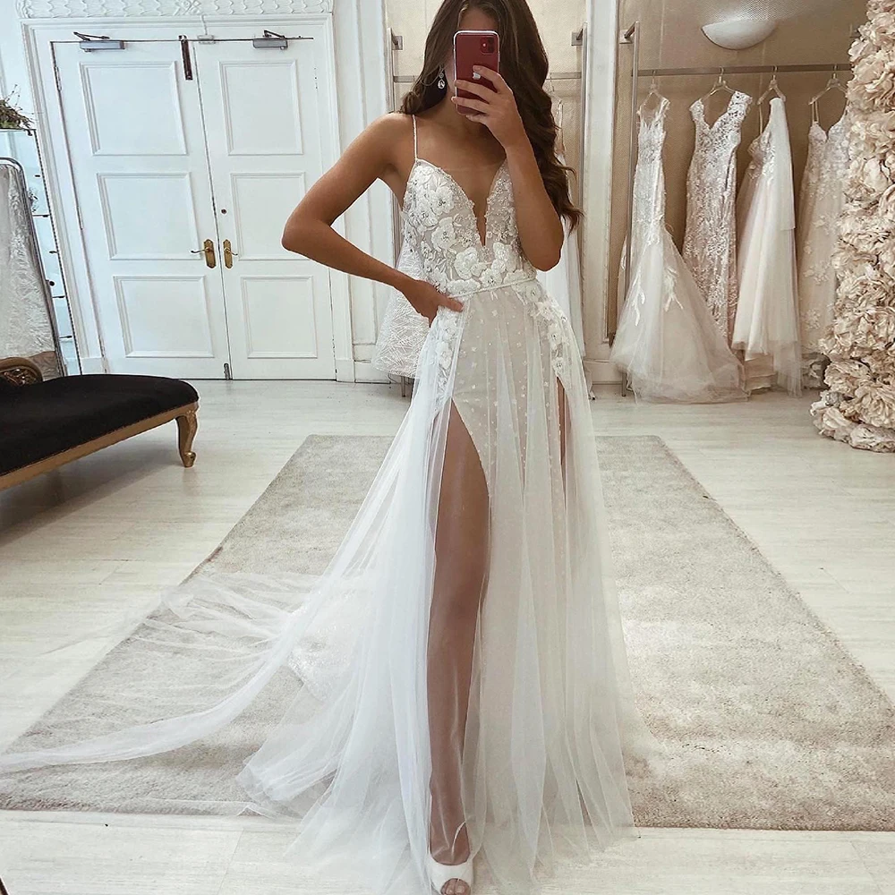 

Женское свадебное платье It's yiiya, белое кружевное платье на бретельках с V-образным вырезом и разрезом сбоку на лето 2022