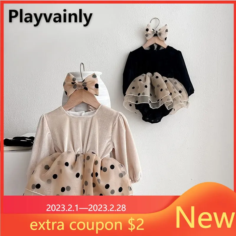 

Весеннее боди для маленьких девочек, комбинезон в горошек с длинными рукавами из марлевой ткани, платье принцессы, комбинезон + повязка на г...