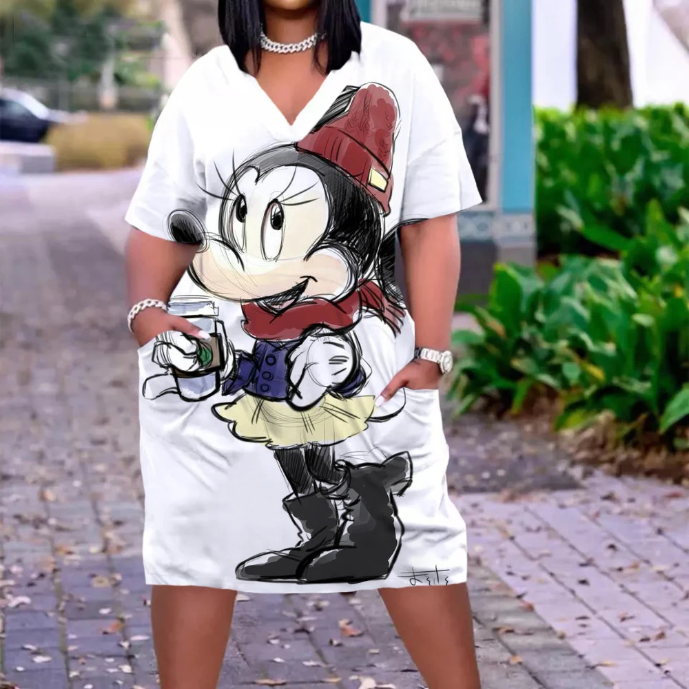 

Disney Brand Fashion Sexy Girls Dress Short Sleeve Party Midi Dress Women Fashion Slim Pocket Boho Minnie Girl Hip Hop Beachwear