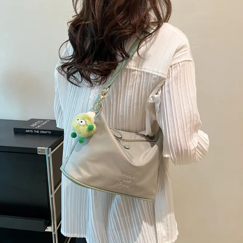 Casual Simple Solid Color Nylon Single Shoulder Bag Textured Embroidered Trendy Letter Underarm Bags Commuting Versatile Satchel