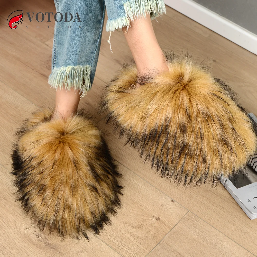 

New Winter Women Fur Slippers Furry Raccoon Fox Fur Slides Faux Fur Plush Fuzzy Flip Flop Warm Fluffy Slipper Luxury Shoes Woman