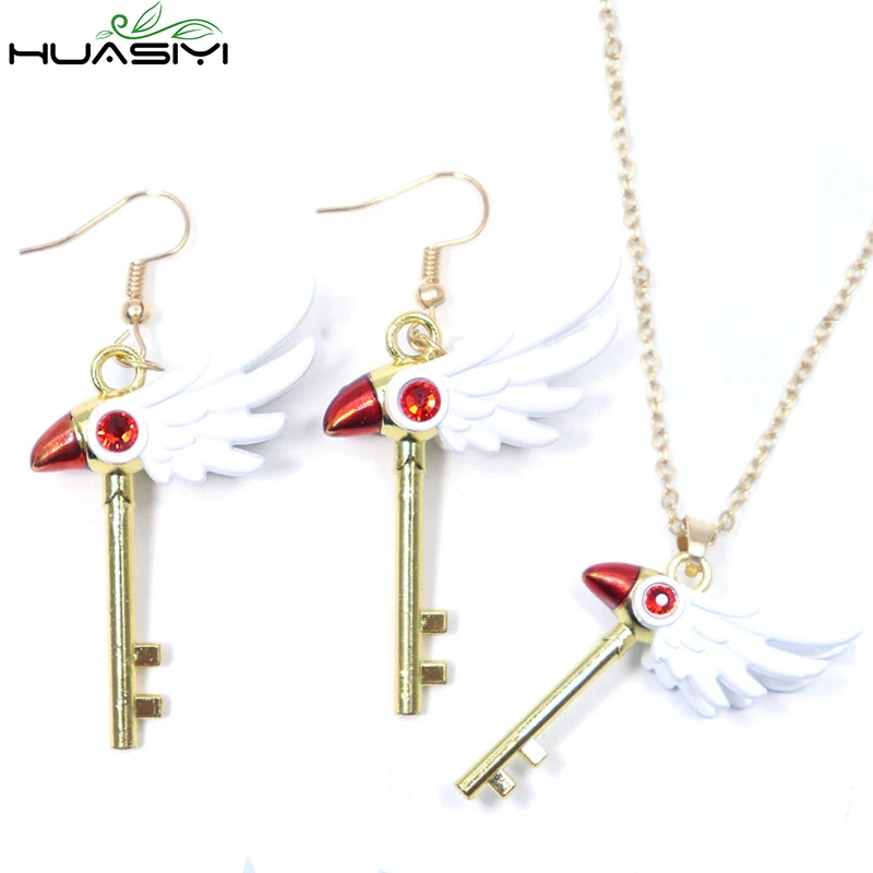 

Card Captor Sakura Earrings with Necklace KINOMOTO SAKURA Cardcaptor Sakura Bird head scepter Drop Earrings Anime Jewelry Set