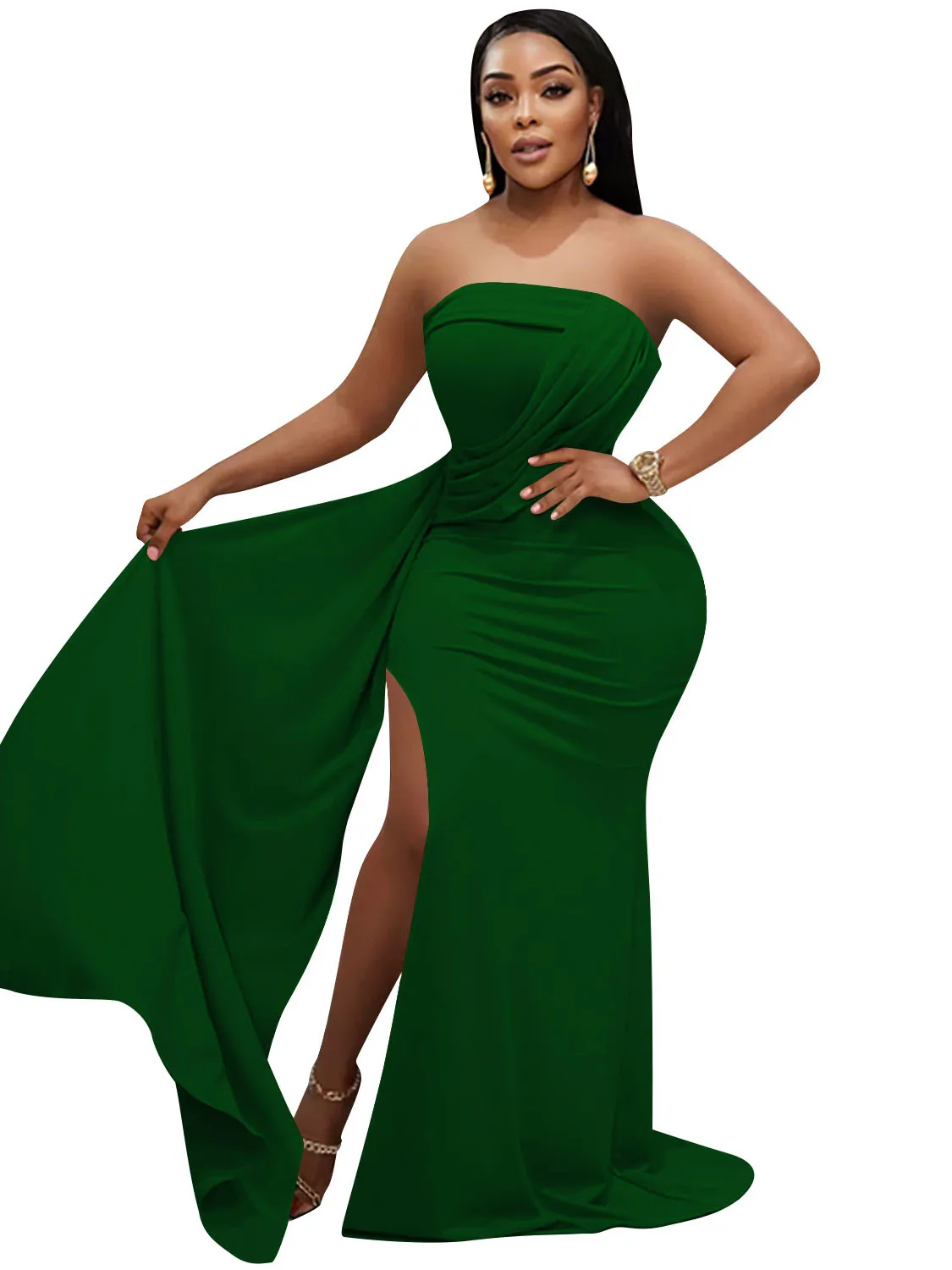 

Szkzk Summer 2022 New strapless floor-length dress Women high waist solid color asymmetrical split folds sexy evening dress