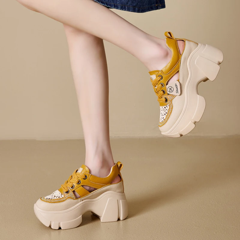 8.5cm Genuine Leather Slides Summer Ankle Chunky Sneakers Vulcanize Hollow Women Platform Sandals Wedge Breathable Female Shoes