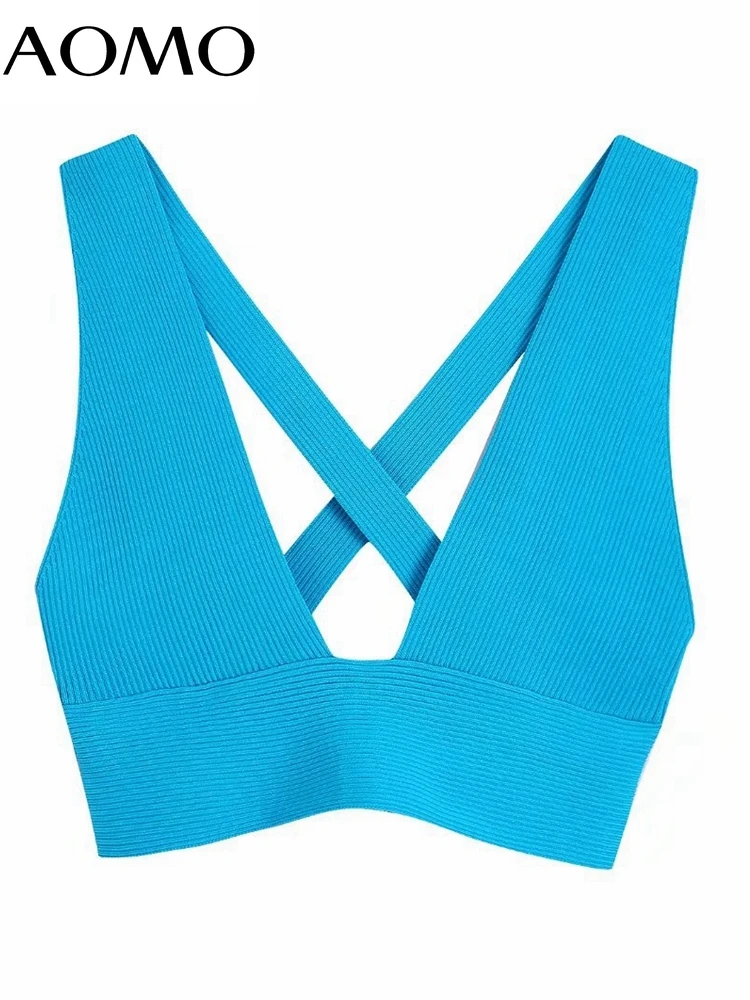

AOMO Women 2022 Blue Cropped Knit Tank Tops Vintage Backless Cross Wide Straps Female Camis BE534A