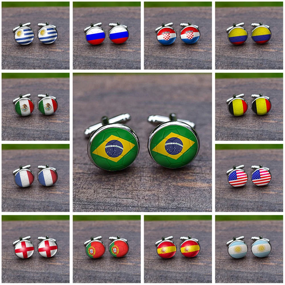 

1 Pair Flag Cufflinks For Men Suit Shirt Brazil Russia Germany US Spain National Flags Jewelry Cuff Links Buttons Glass Cabocho