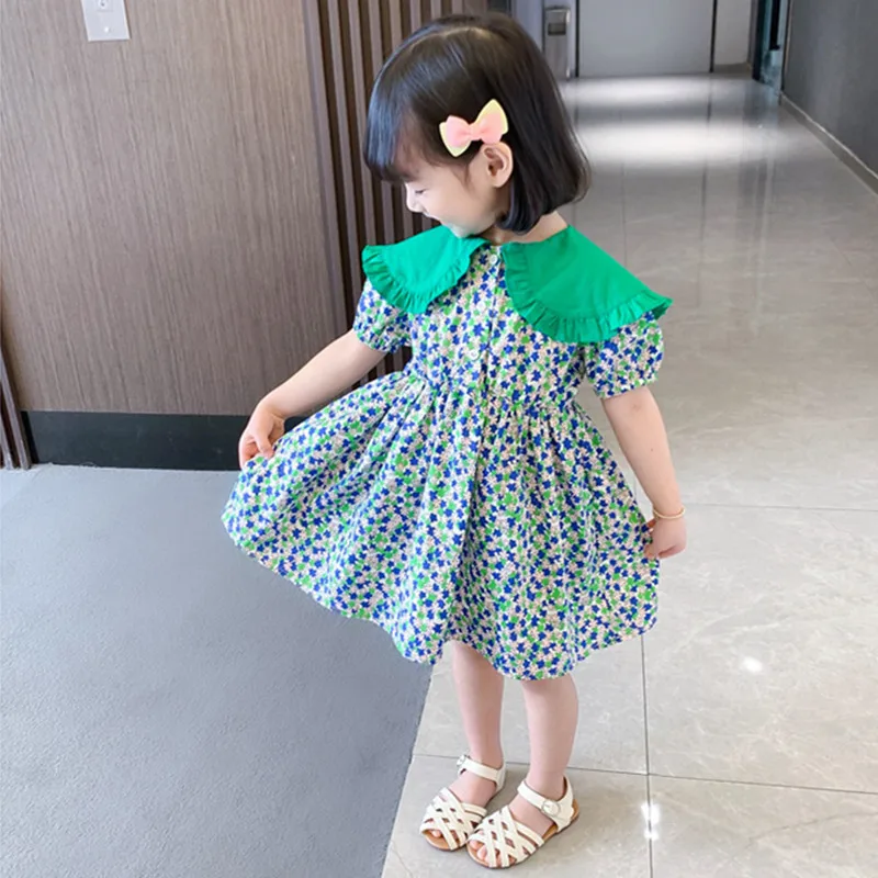 

2022 Baby Girls Peter Pan Collar Flower Print Princess Dress Summer Style Short Sleeve Cotton A-line Dress Children Clothes 2-7Y