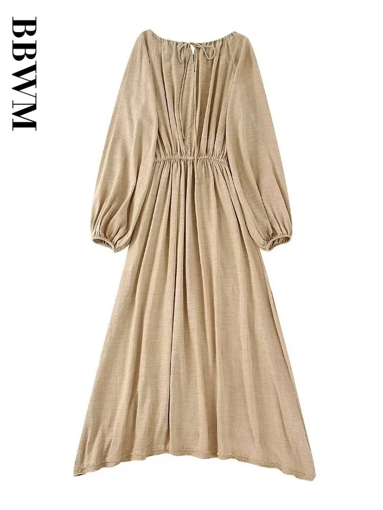 Женское однотонное платье-миди с круглым вырезом и длинным рукавом |